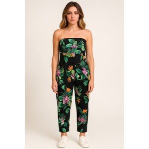 Imperial Black Tropical Floral Sleeveless Strapless Jumpsuit Pockets Size M EUC